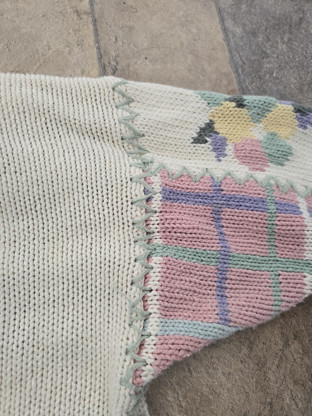 Vintage 90s Maggie Lawrence Patchwork Knit Sweater Pastel Floral Grannycore - Picture 10 of 16